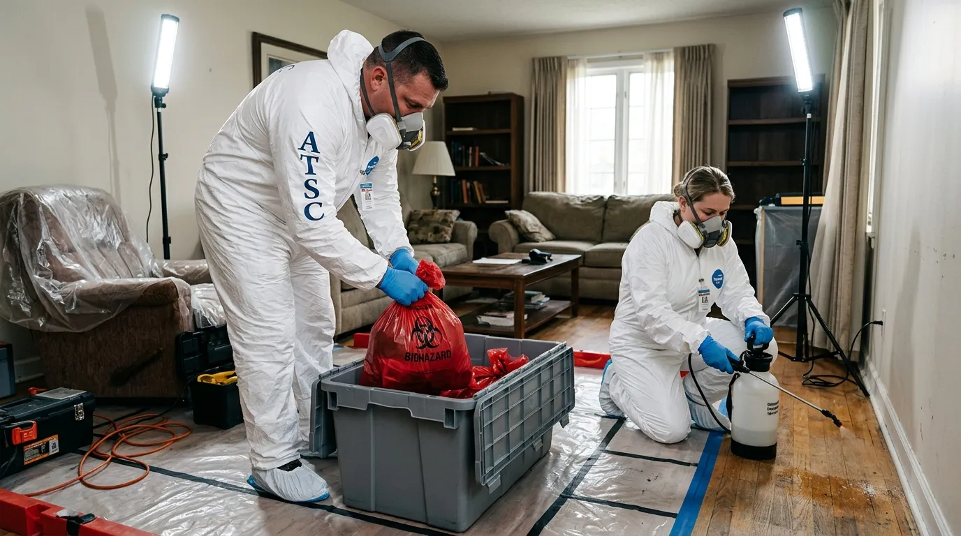 Professional Hoarding Cleanup technician in full PPE working in Tempe